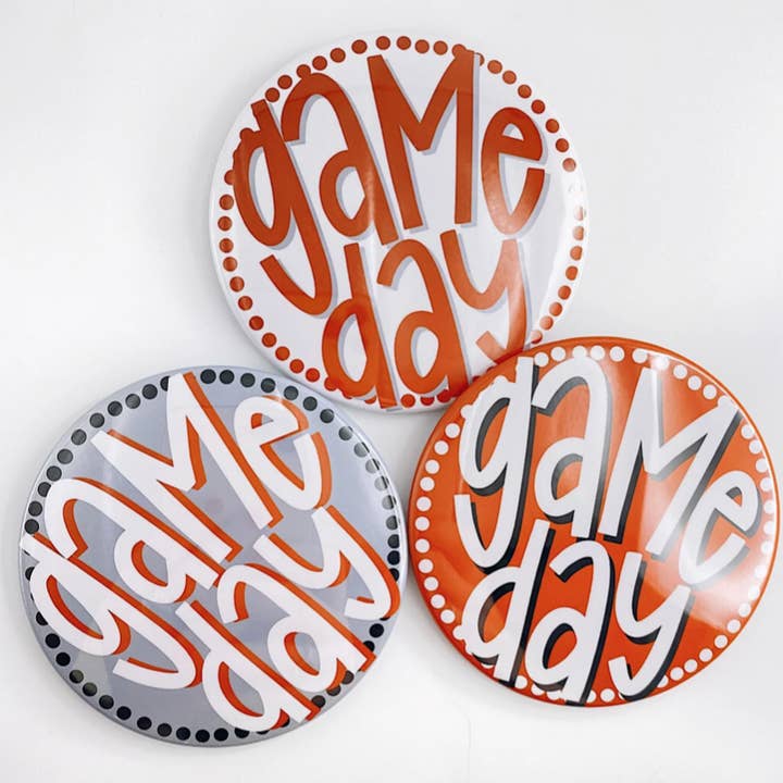 Burnt Orange Polka Dot Game Day Button for wholesale by Tailgated Co.