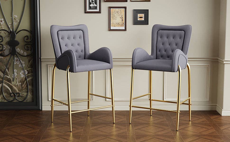 39F Inc. - Wholesale Stool - 28.75in Gray Velvet Counter Stools with Gold Legs, 2pk1