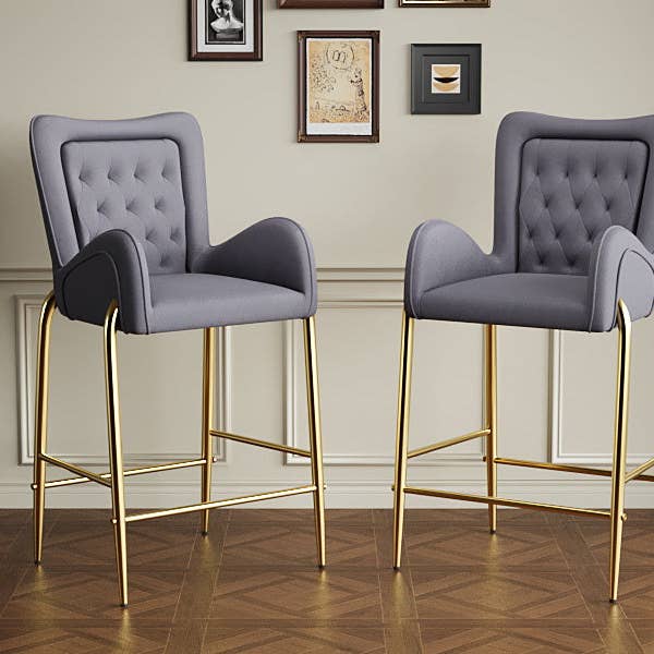 39F Inc. - Wholesale Stool - 28.75in Gray Velvet Counter Stools with Gold Legs, 2pk1