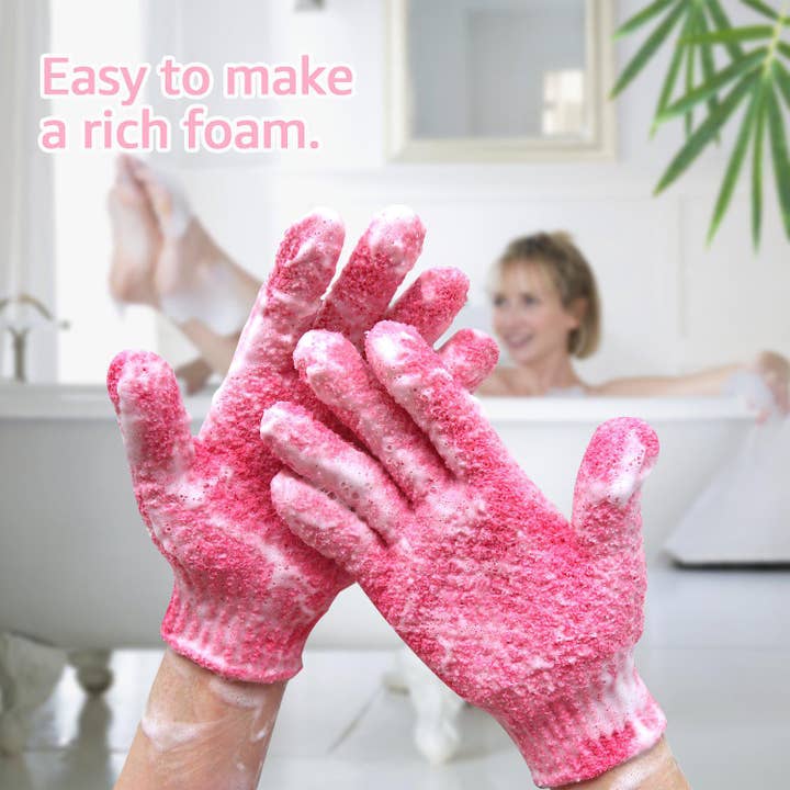 EvridWear - Wholesale Exfoliating Gloves/Mitts - Evridwear Exfoliating Bath Gloves for Shower Spa, Full Finger, Pink Series2