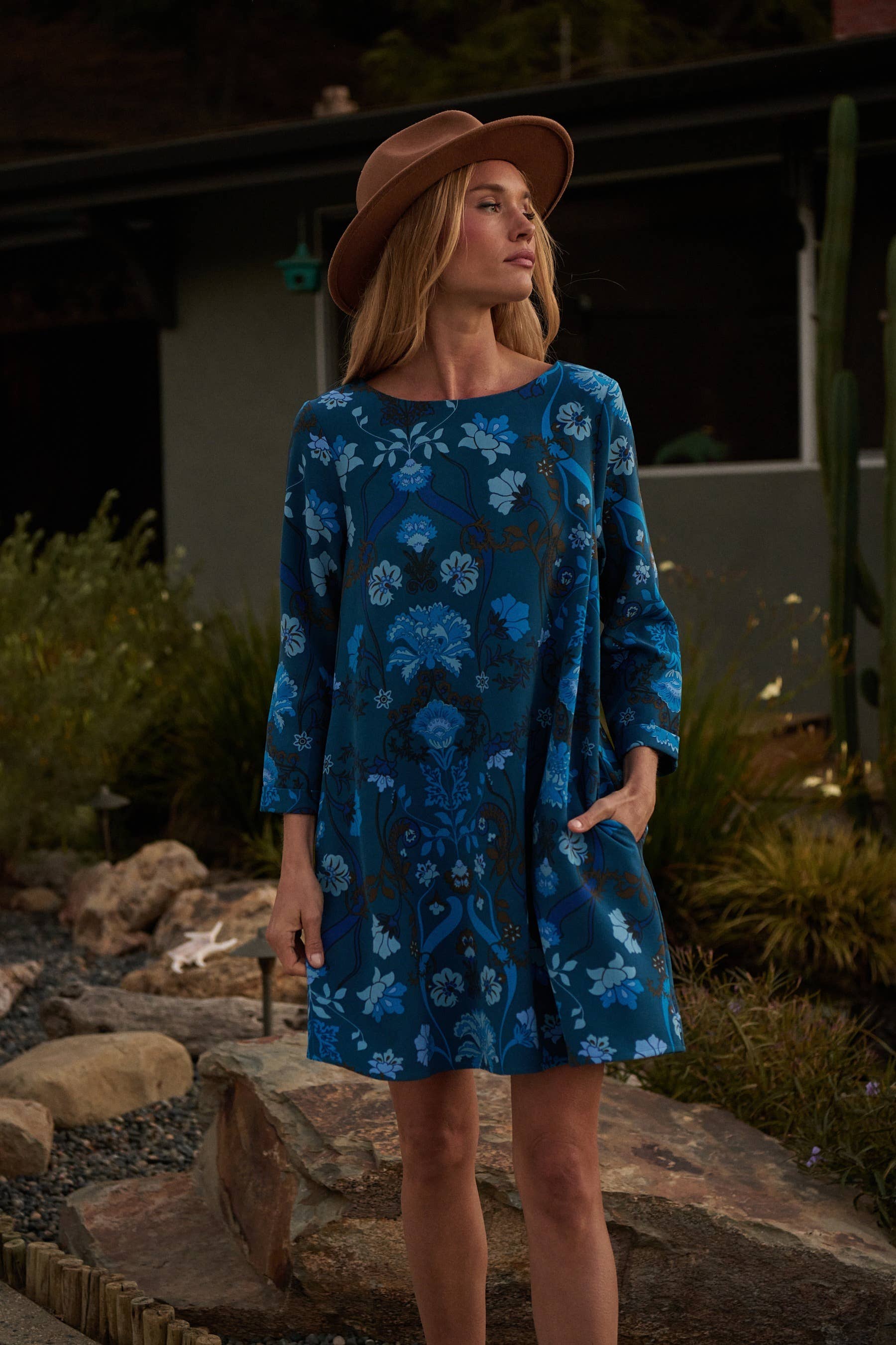 Teal Blue Palmate Floral Lonna Shift Mini Dress for wholesale on Faire6