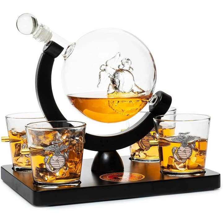 The Wine Savant / Khen Glassware - Wholesale Decanter - U.S. Marine Corpse USMC Globe Whiskey Set & 4 Glasses
