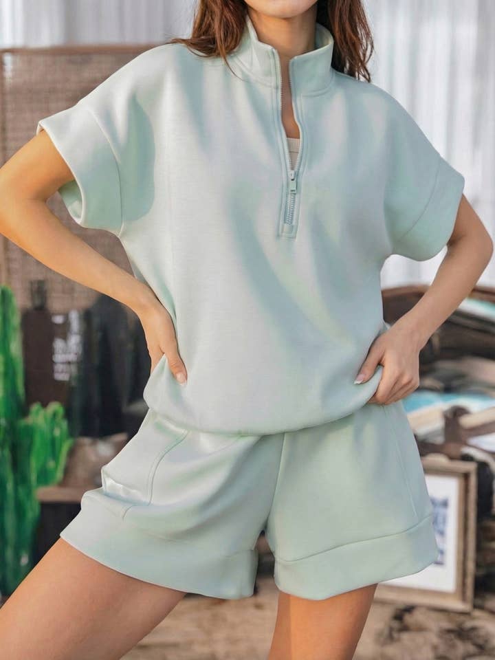 Summer Half Zip Mock Neck Tee Athleisure 2 pcs Short Set for wholesale by fashionworks