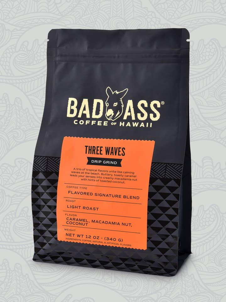 Café aromatisé Three Waves | Mouture goutte à goutte en sac de 12 oz pour la vente par Bad Ass Coffee of Hawaii