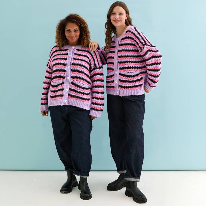 Cara & The Sky - Wholesale Cardigan - Women's - Bernice Stripe Cross Stitch Cardigan - Lilac18