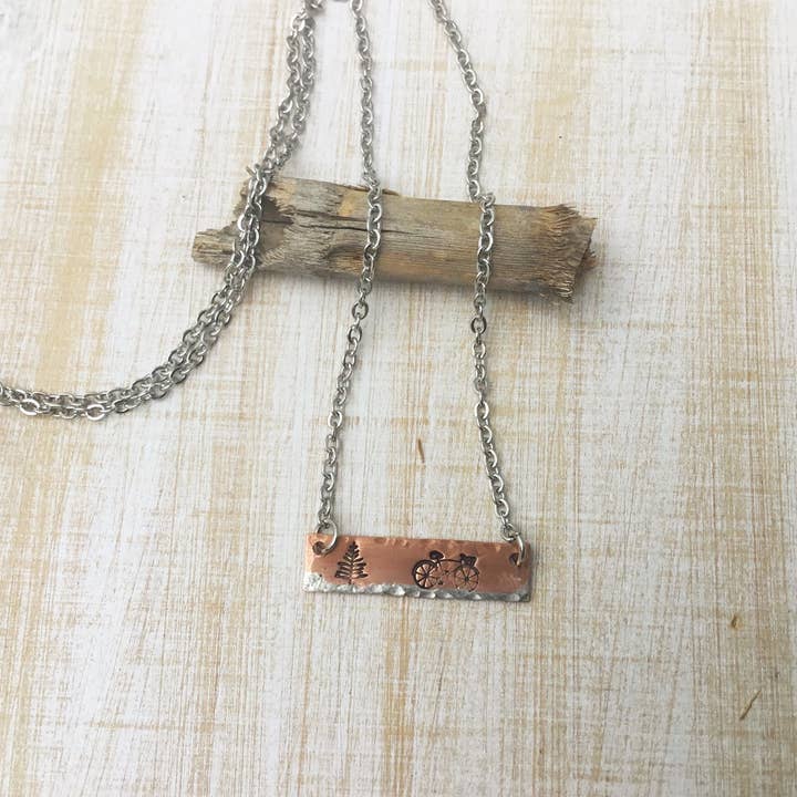 Mixed metal copper bar necklace - bike for wholesale by Jamie Haley Designs