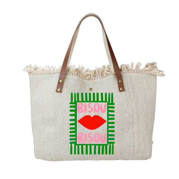 BOLSA DE ALGODÓN ADORNADA CON CUERO BESO BESO para venta al por mayor de Louisa lee