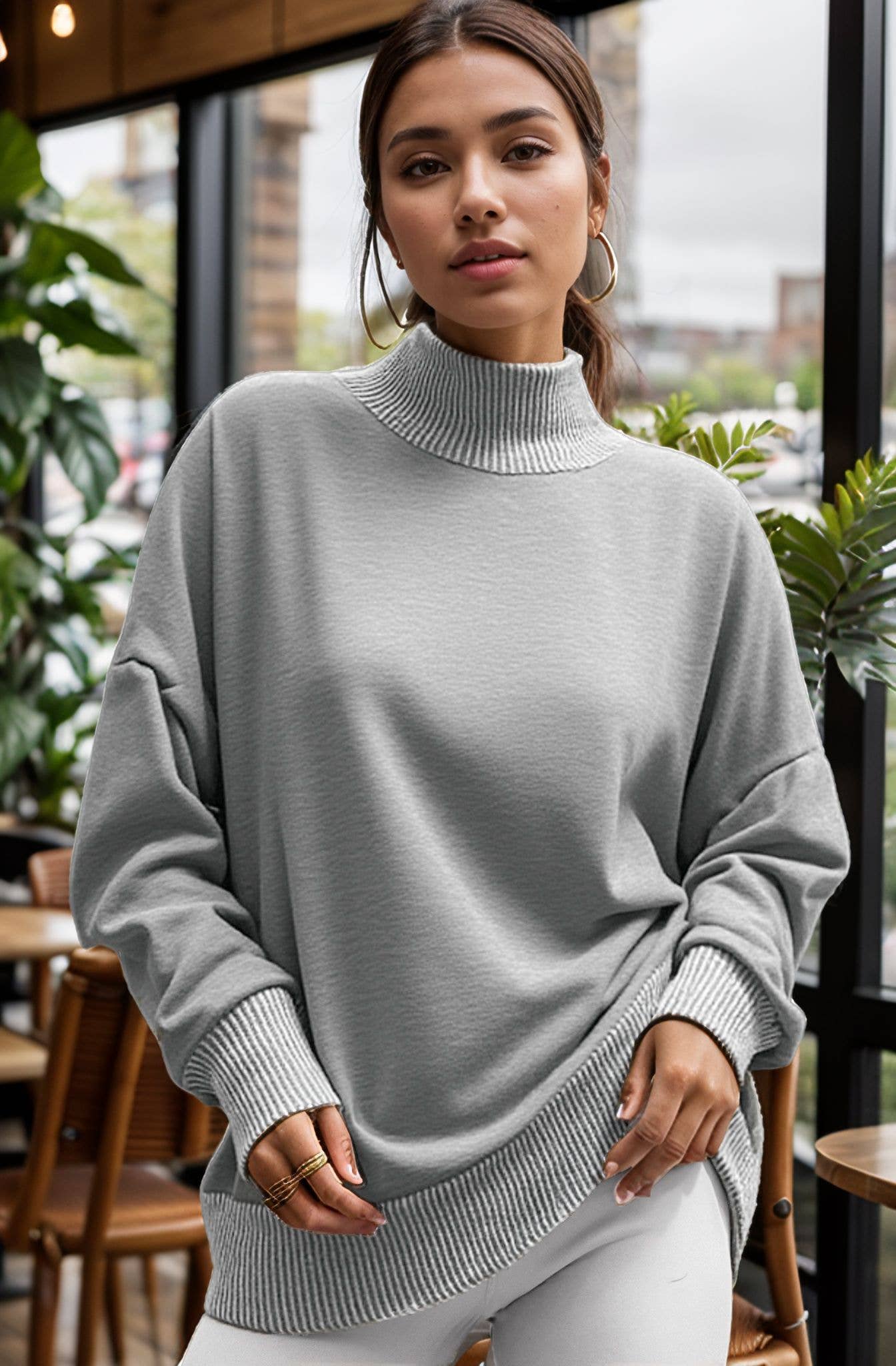 Burgundy Apparel - Wholesale Sweatshirt - Women's - MOCK NECK SWEATSHIRT WITH COLLAR SLIT DETAIL2