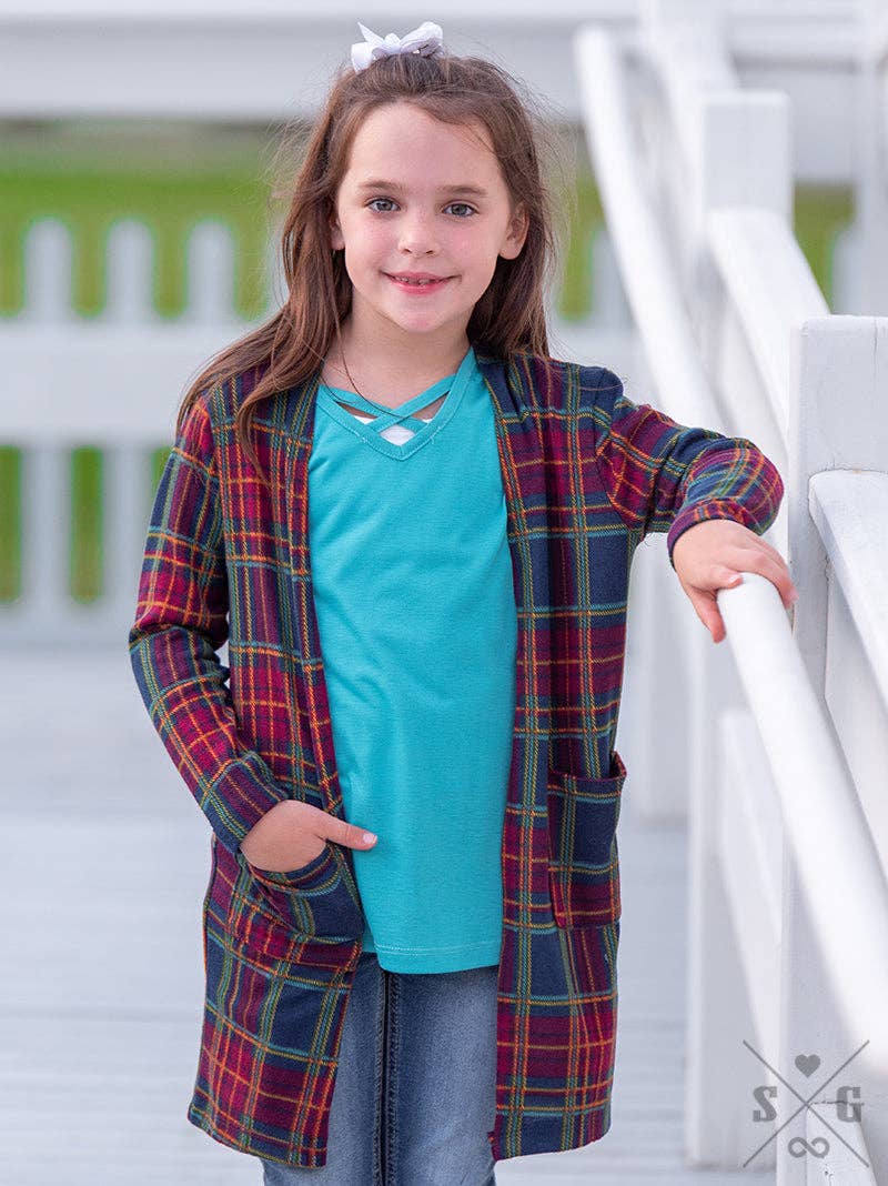 Girls' Plaid Girls Club Maroon & Navy Plaid Cardigan with Pockets for wholesale on Faire
