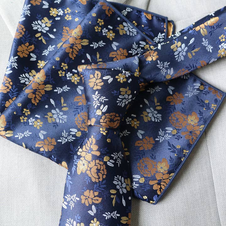 Tie Mood - Wholesale Necktie - Men's - Clara Blue & Gold Floral Tie & Pocket Square Set