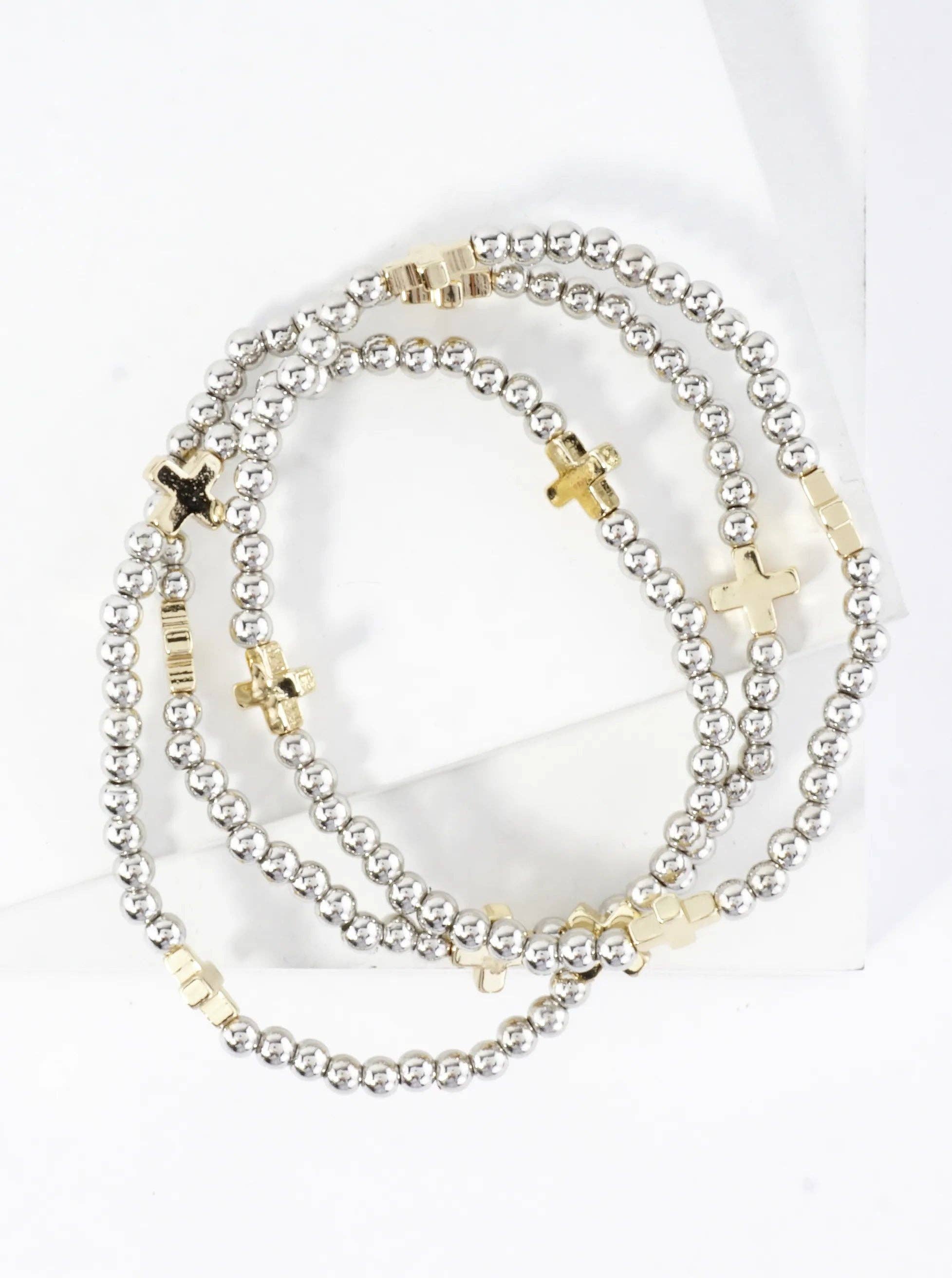 Wild Honey - Wholesale Jewelry Set - 3PC-Set Metallic Beads Cross Stackable Stretch Bracelets2