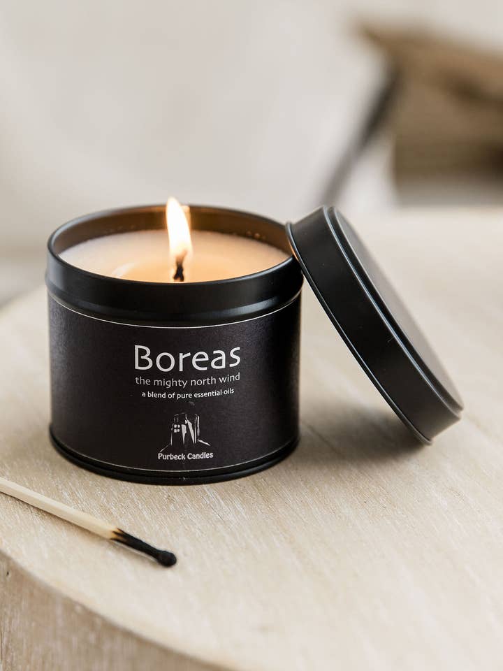 Elements Range - Boreas Essential Oil Candle 200g black Tin for wholesale by Purbeck Candles