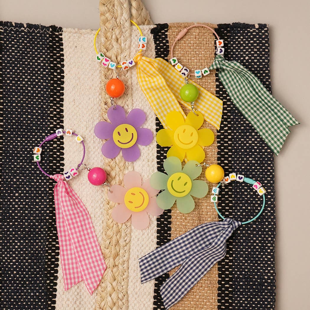 Fashion City – Porta-chaves - Mulher por atacado – Bolsa de Chaveiro Happy Face Flower xadrez com Arco Charme2