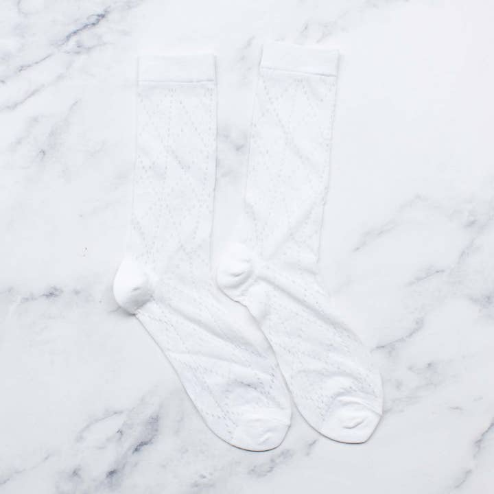 Elegant White Diamond Lace Crew Socks for wholesale by Tiepology