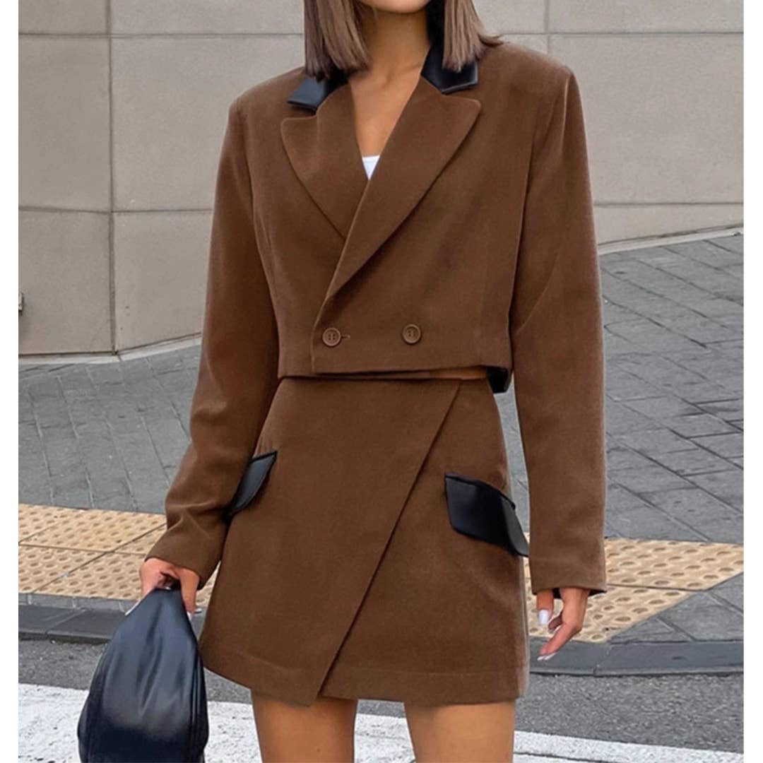 Brown 2pcs Short Jacket & High-Waist Colorblock Skirt Set ZK3624 for wholesale on Faire3