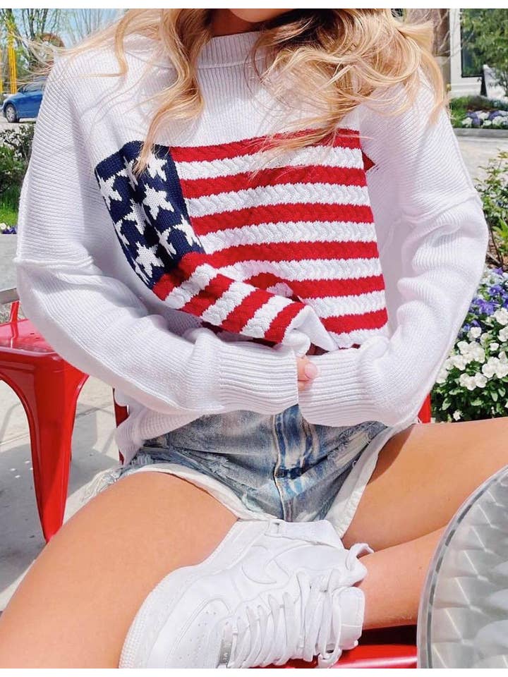 Sweetkama - Vente Pull en maille – femme - Pull-over à col rond pour femmes avec drapeau américain SKT41070