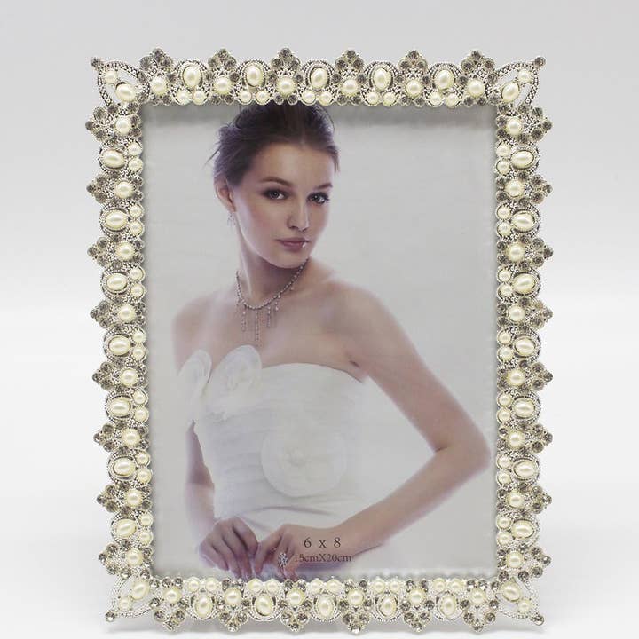 Crystal & Pearl Vintage-Inspired Metal Photo Frame – 6” x 8” for wholesale by Fennco Styles