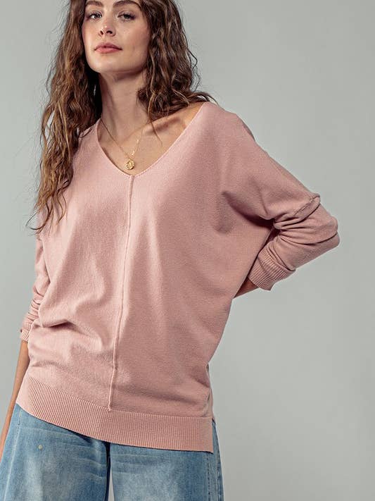 Urban Daizy - Wholesale Knit Sweater - Women's - Elegant V Neck High Low Tunic Long Sleeve Casual Sweater