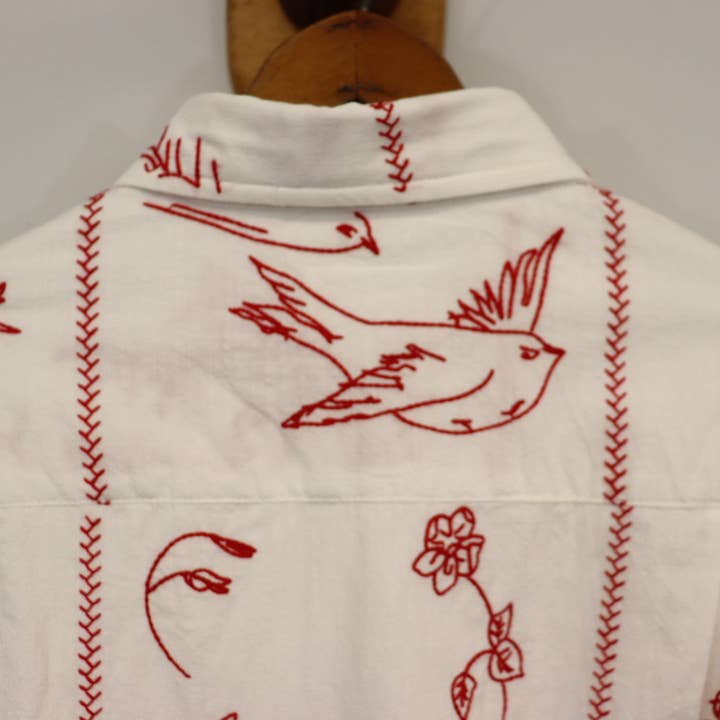 Farewell Frances - Wholesale Button Down Shirt - Unisex - Redwork Embroidered George Long Sleeve Shirt SZ S - XXL GLS44