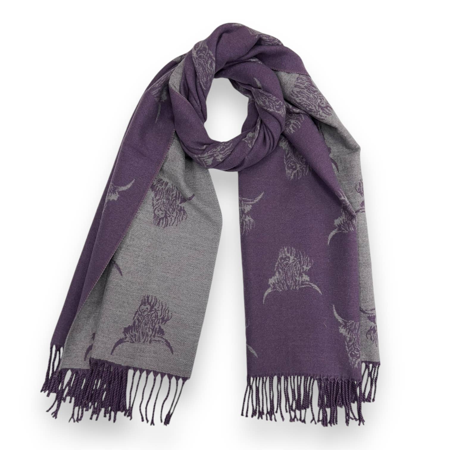 London Scarves - Wholesale Scarf - Women's - Highland cows on cashmere blend scarf finished with tassels4