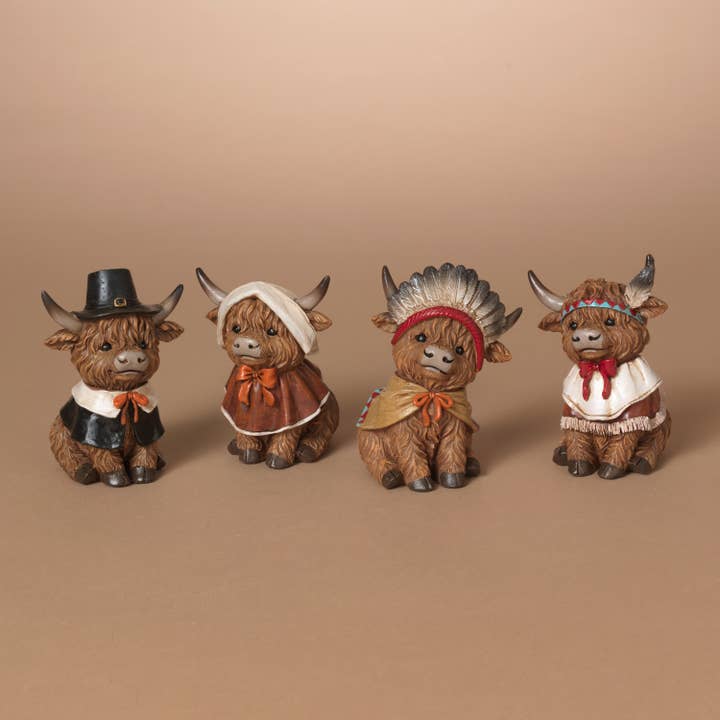 The Gerson Companies - Wholesale Decorative Figurine - Gerson Fall/Harvest 4.5"H Resin Pilgrim Highland Cow, 4 Asst