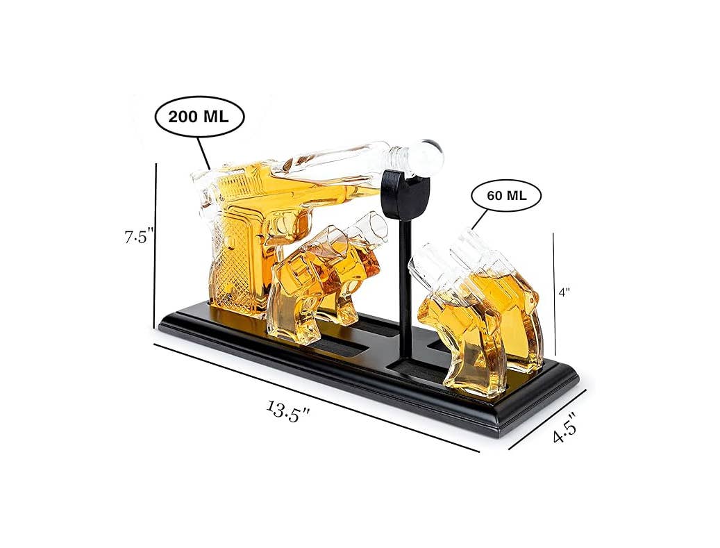 Bezrat - Vendita all'ingrosso Decanter - Set regalo decanter whisky a forma di pistola con bicchierini e vassoio in mogano3