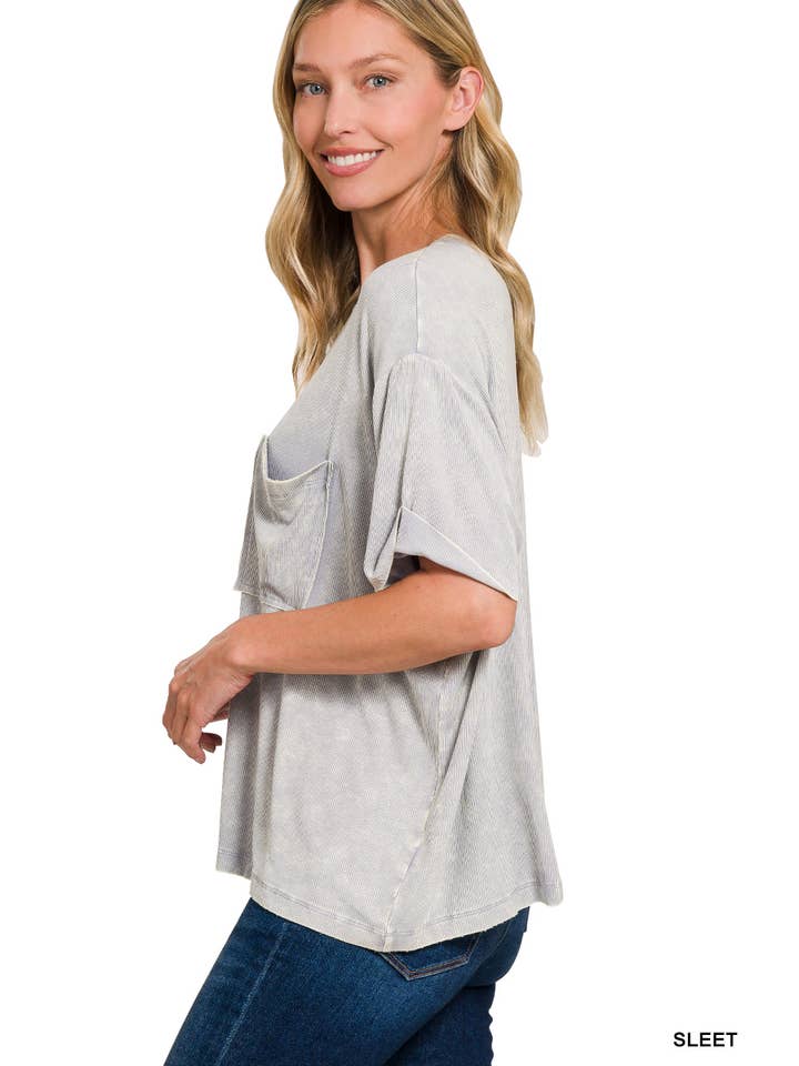 Vanilla Monkey - Wholesale Knit Top - Women's - Washed Ribbed Cuffed Short Sleeve Round Neck Top