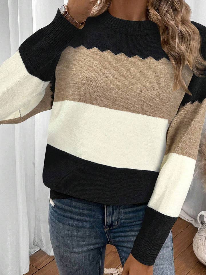 Colorblock Crew Neck Drop Shoulder Sweater for women for wholesale by 66DISCO