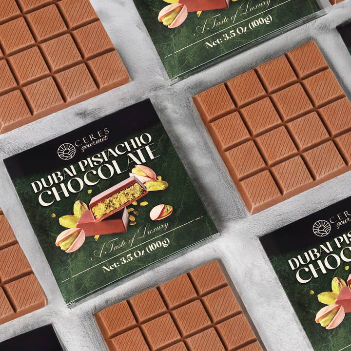 Ceres Gourmet - Wholesale Chocolate Bar - Dubai Chocolate Pistachio Bar 3.5oz (100g) 24 Pieces