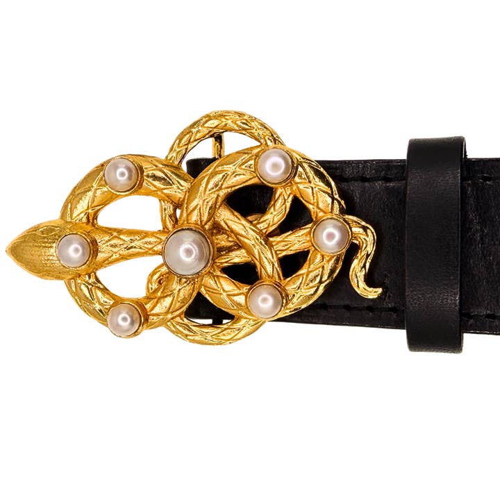 Bijoux Buckles - Wholesale Belt - Women's - LE SERPENT (Snake) Freshwater Pearl Cabochon Gold Buckle + Lined Buttero Leather Belt1