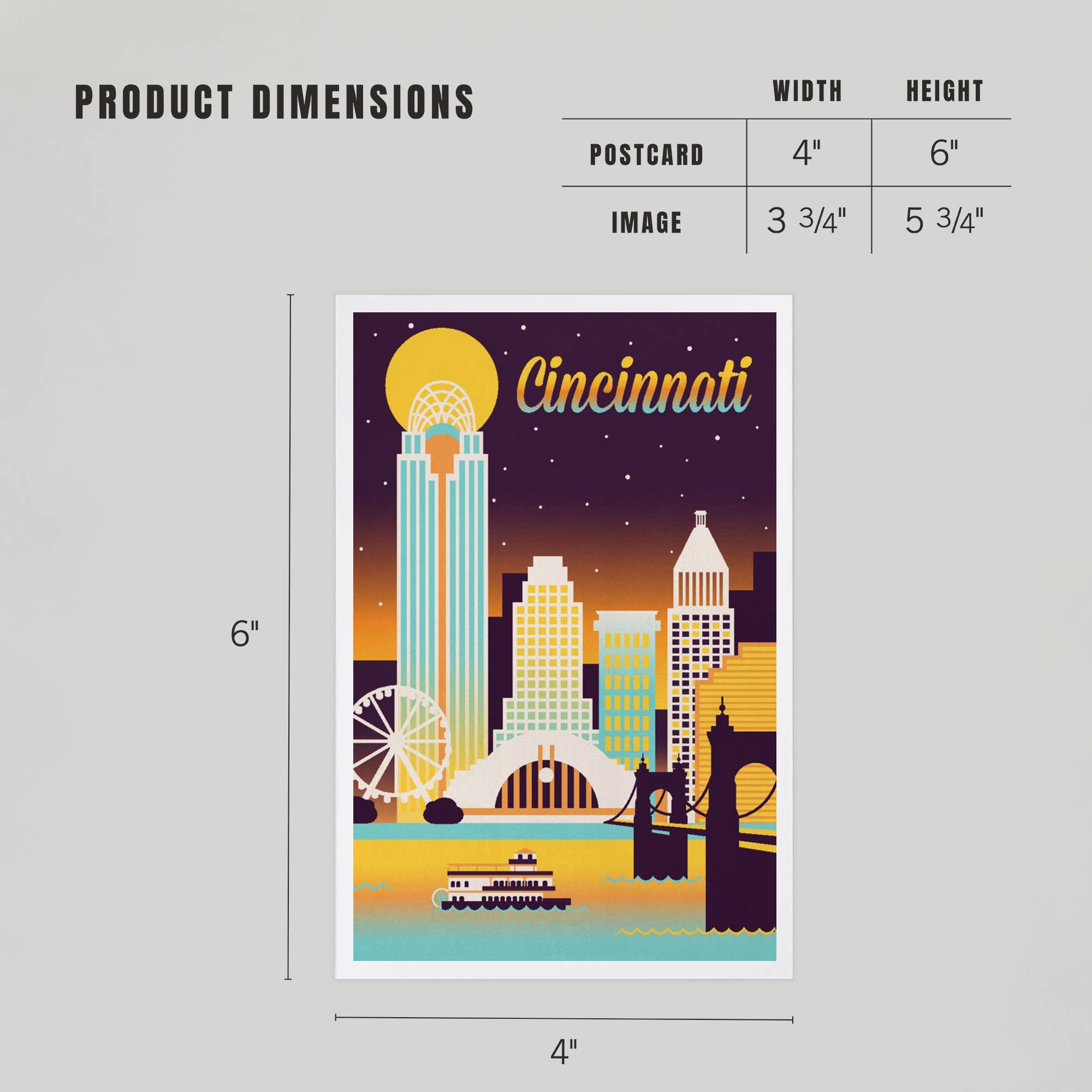 Lantern Press - Vente Cartes postales - CARTES POSTALES PREMIUM Cincinnati, Ohio, Skyline Rétro Chromatique4