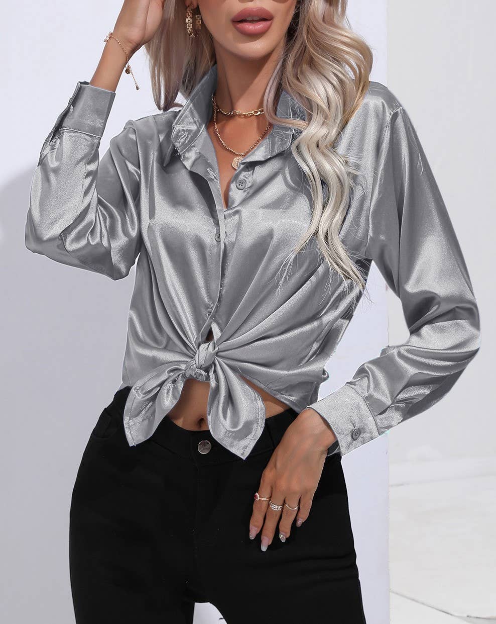 HIDDENBRAND - Wholesale Button Down Shirt - Women's - Satin Faux Silk Long-Sleeved Shirt30