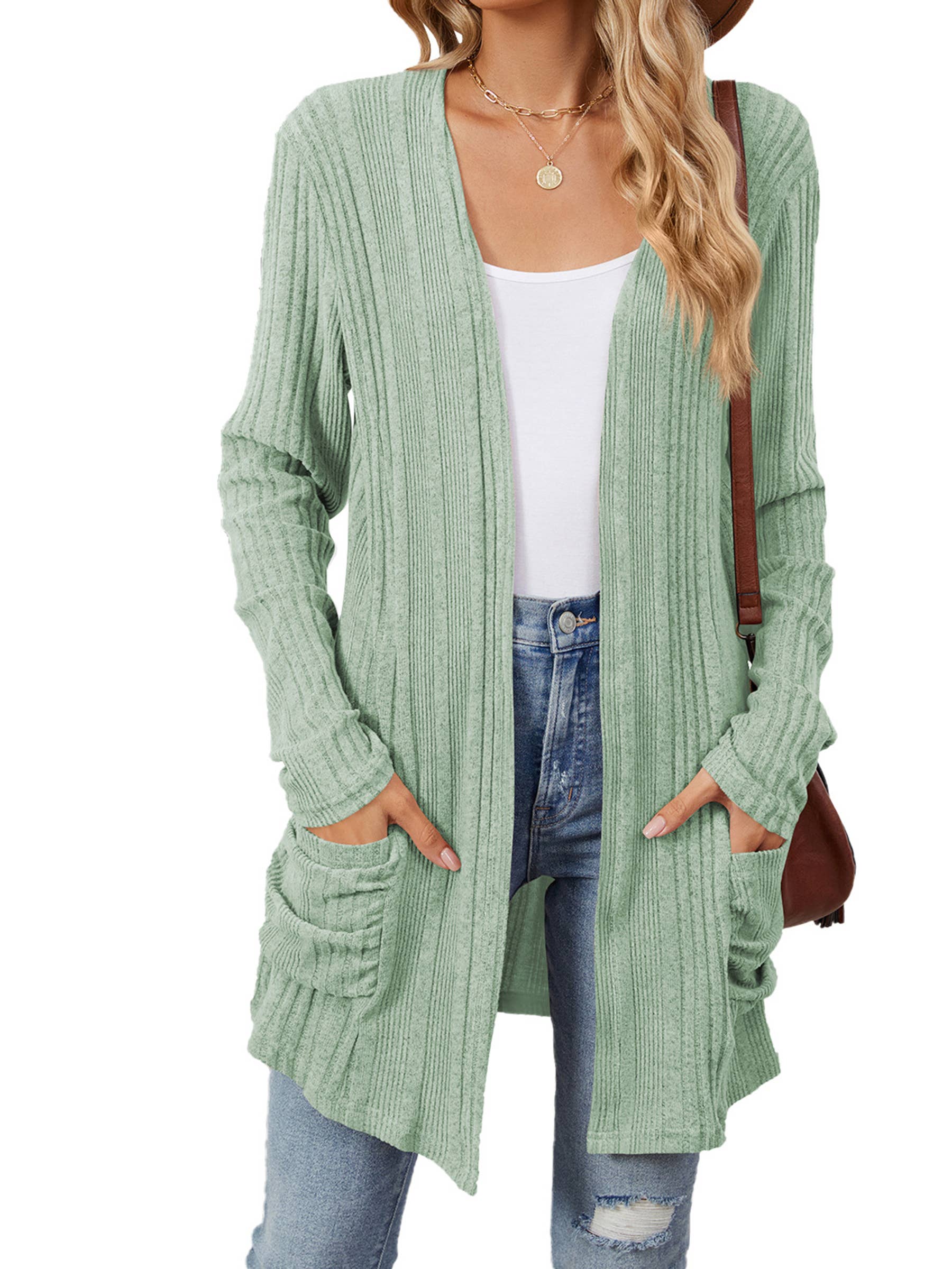 Wholesalesir - Wholesale Cardigan - Women's - Solid Color Pit Stripe Matte Pocket Long Sleeved Top3