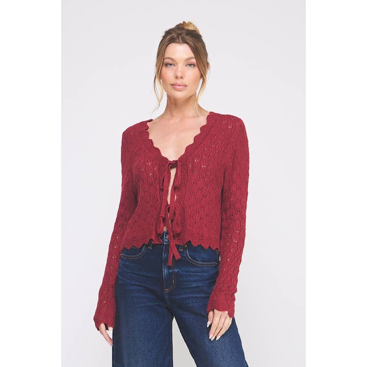 Pointelle tie cardigan with scallop edge for wholesale by Allie Rose