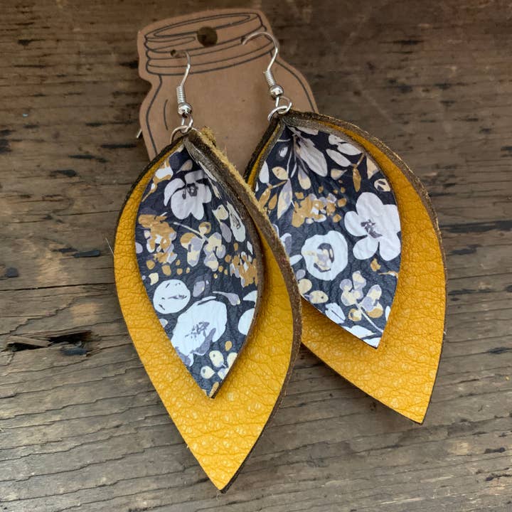 Mustard and Blue Poppy Double Layered Leather Earrings for wholesale by Jill's Jewels