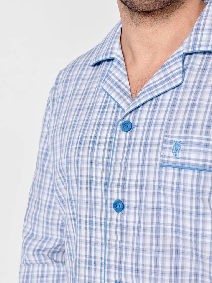 Men's Checkered Poplin Lapel Long Pajamas - Blue 2982 for wholesale on Faire3