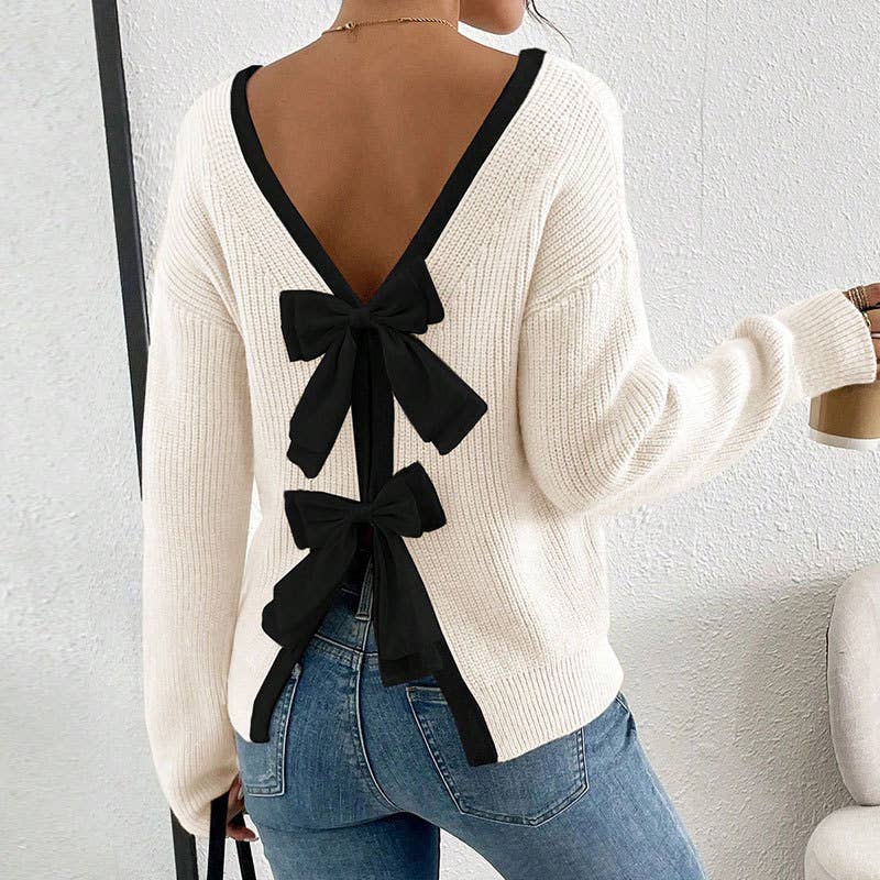 HIDDENBRAND - Wholesale Knit Sweater - Women's - Christmas Bow Decor Backless Knit Pullover Sweater2