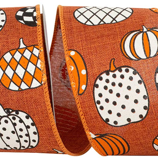 Pumpkin Fun Linen Wired Edge, Rust, 2-1/2 In, 10 Yards for wholesale by RELIANT RIBBON