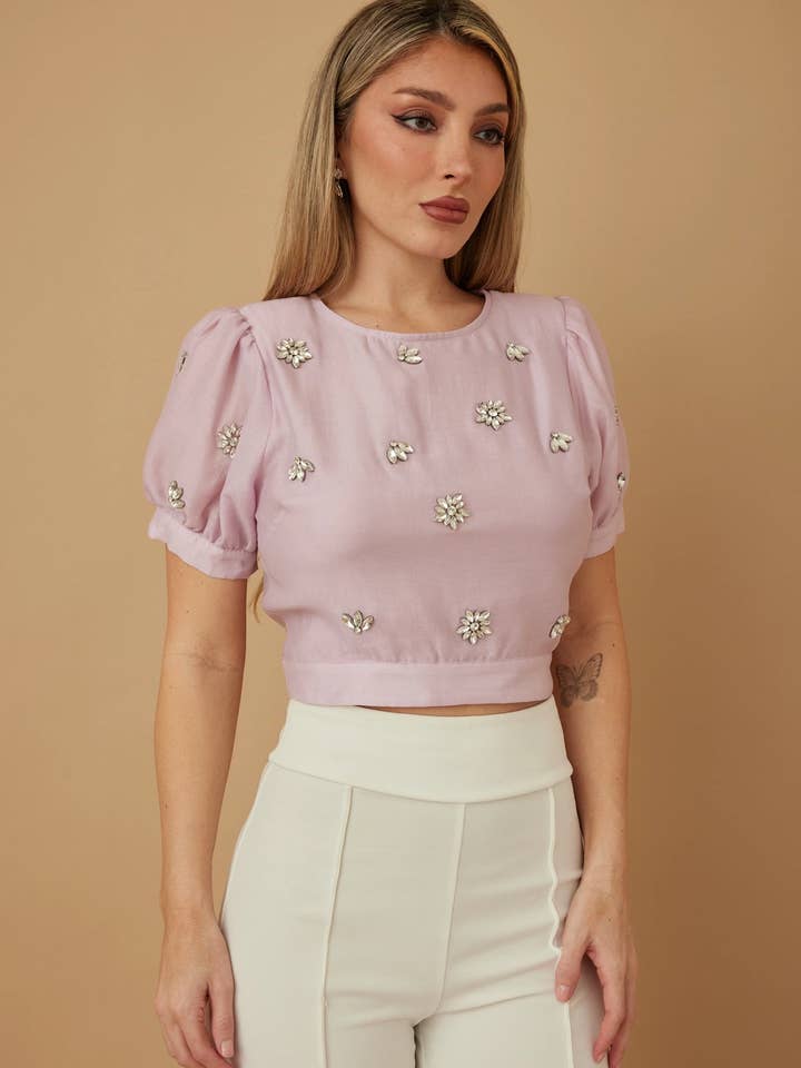 Glo Collective - Wholesale Blouse - Women's - CRYSTAL FLOWER STONES CROP TOP