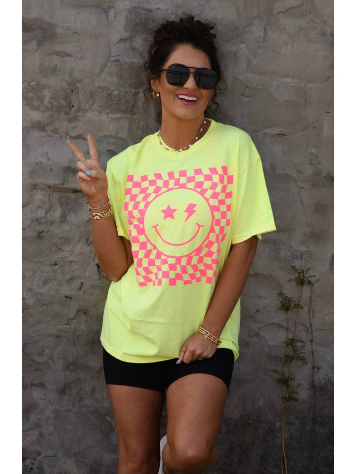 RTS Neon Yellow Checkered Smiley Tee for wholesale on Faire