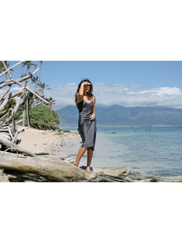 Ocean Prairie - Wholesale Dress - Women's - Botanical Dyed Mulberry Silk Slip Dress in Slate