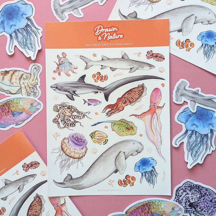 Feuille d'autocollants de créatures marines - Autocollants nature pour la vente par Drawn to Nature