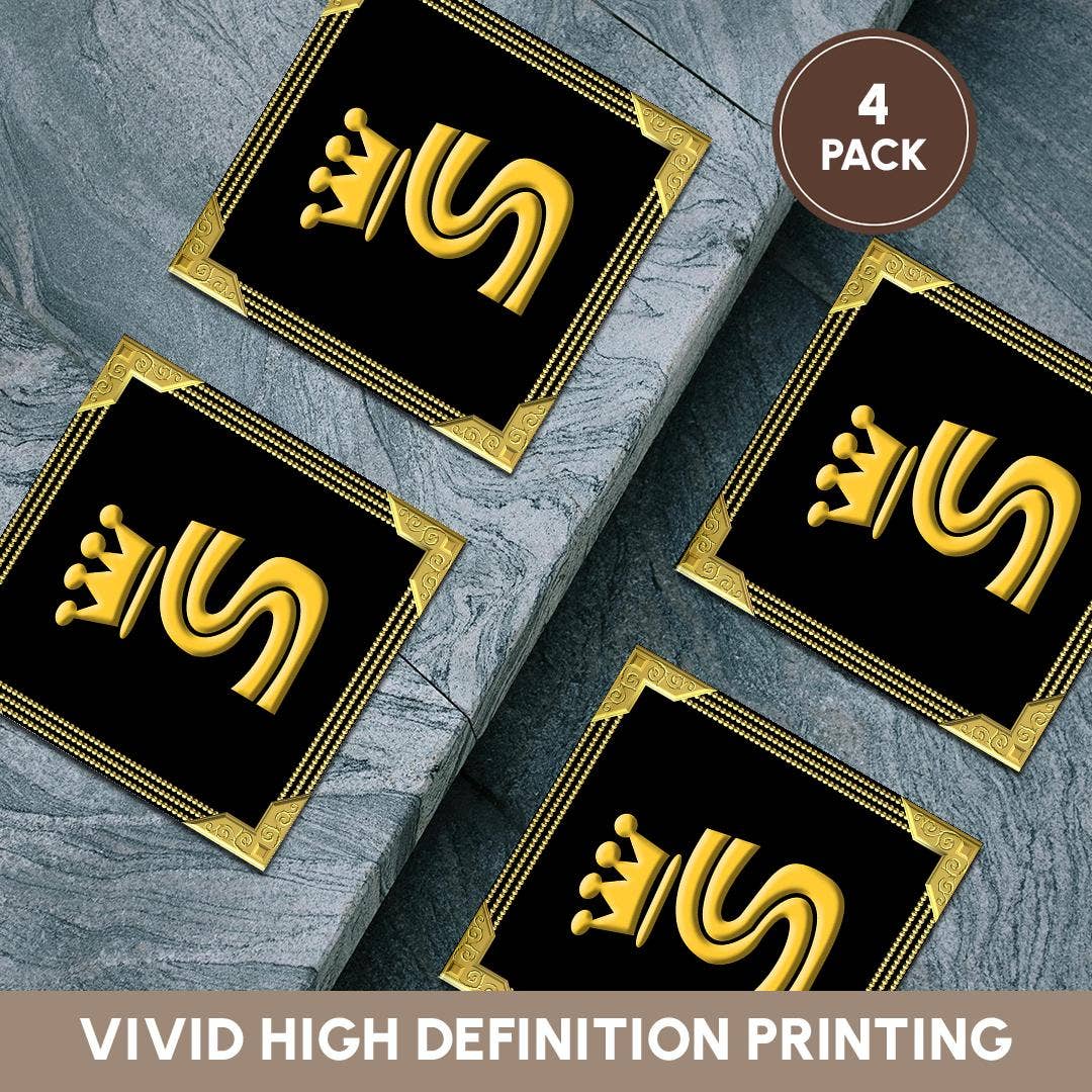 3dRose - Wholesale Coasters - 3dRose, King, queen crown, rich frame. Yellow on black. Stunning letter S, Coaster5