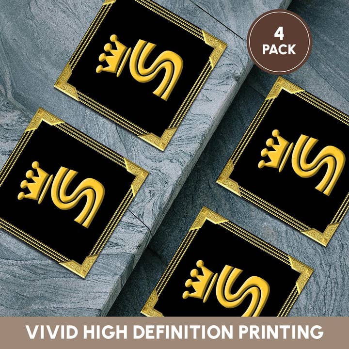 3dRose - Wholesale Coasters - 3dRose, King, queen crown, rich frame. Yellow on black. Stunning letter S, Coaster5