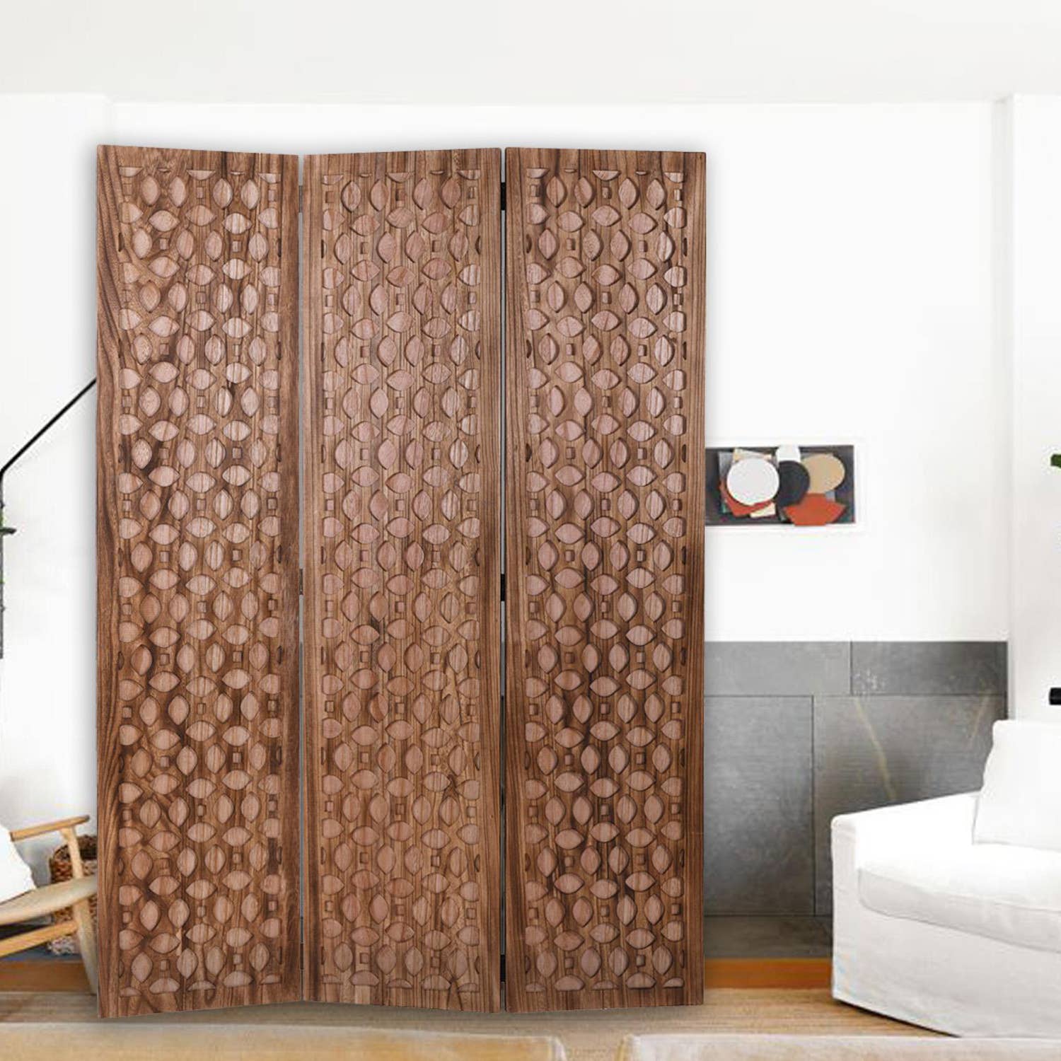 HomeRoots - Wholesale Room Divider - Stunning Carved Brown Wood Room Divider Screen2