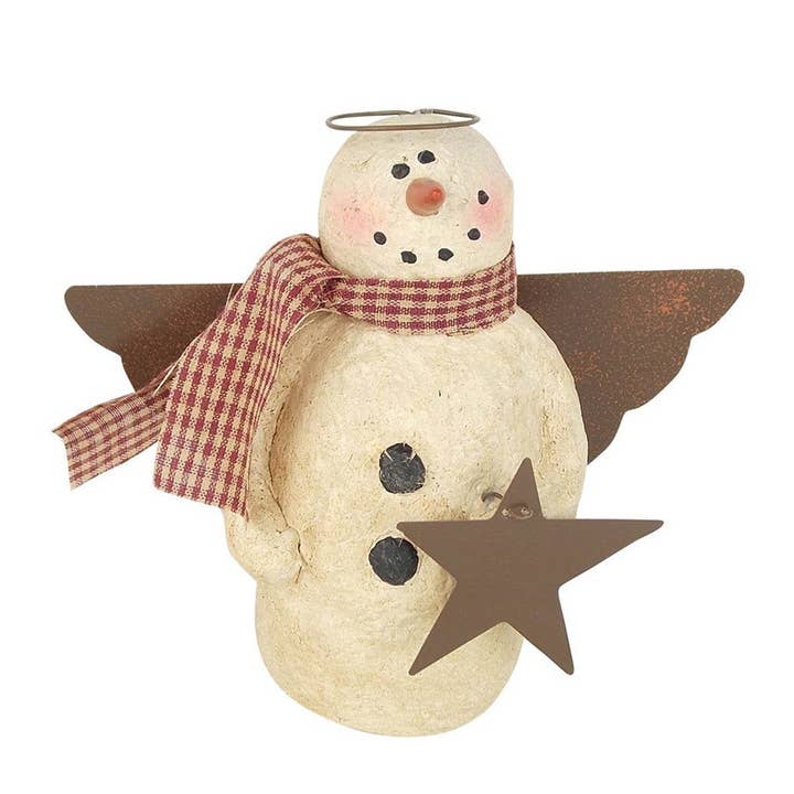 Anjo de boneco de neve de papel machê com auréola, asas, cachecol e estrela de lata grande - 6" de altura por atacado de Birch Maison