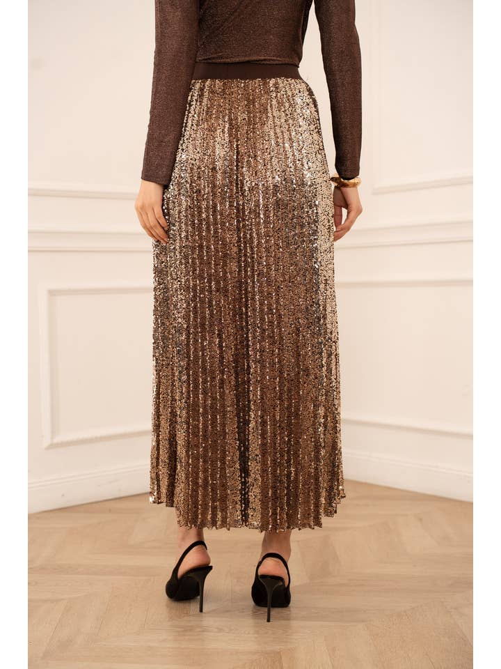 Choco Sequin pleated skirt for wholesale on Faire5