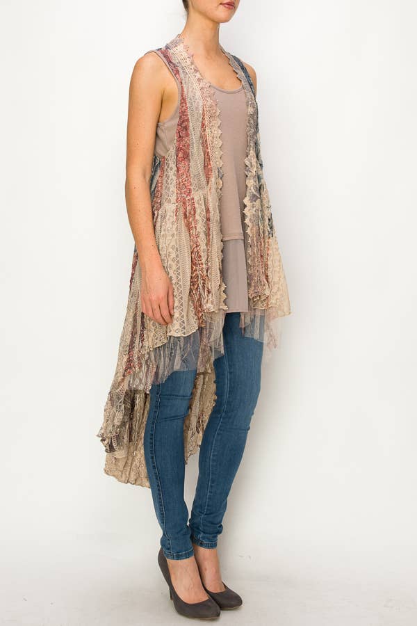 BOHEMIAN ALL LACE HI LOW VEST-U013 TAUPE/PAT ROSE for wholesale on Faire1