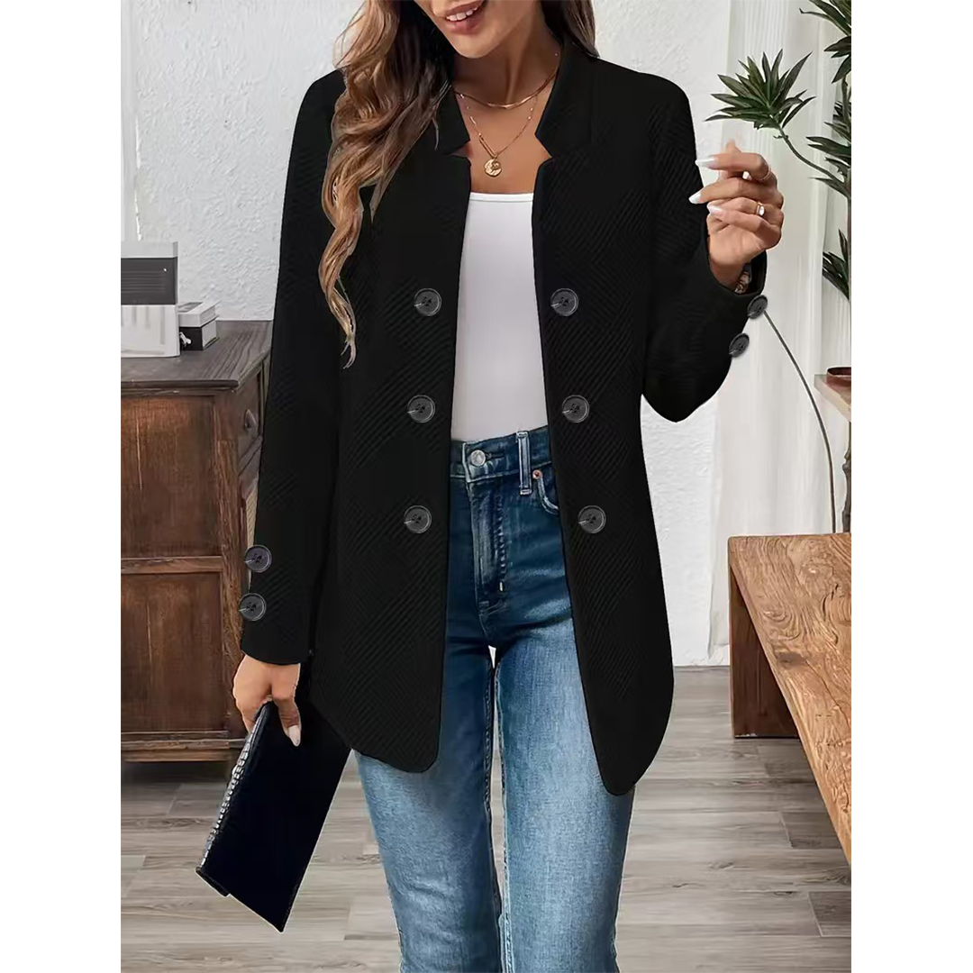 UNISHE – Blazer - Mulher por atacado – Blazer de Manga Comprida com Decote em V e Botões Duplos Cor Sólida ZK36481
