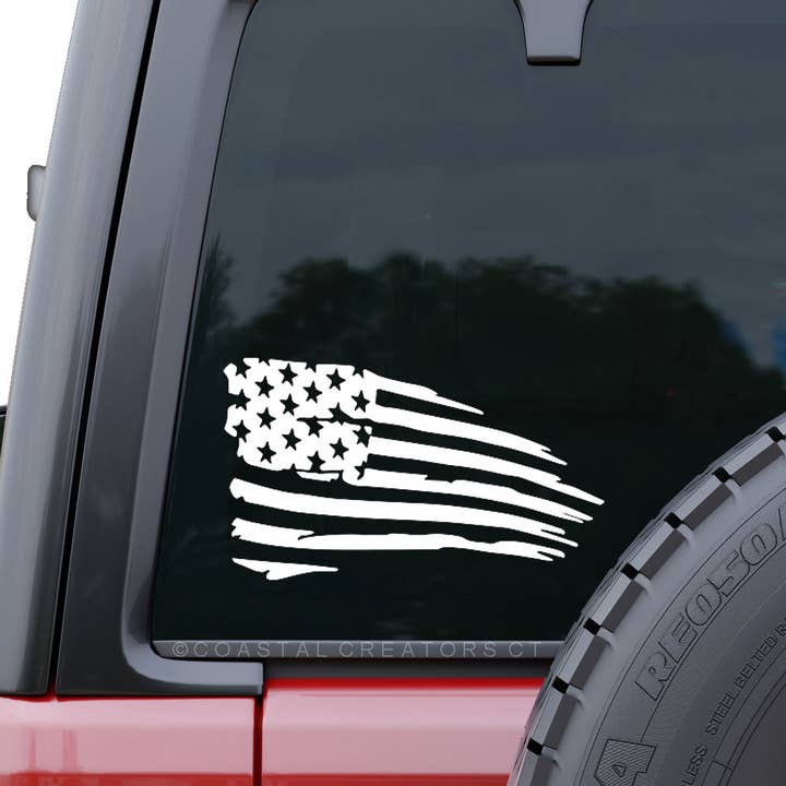 American Flag Eroded White Vinyl Window Decal (Packaged) for wholesale by Coastal Creators of Connecticut
